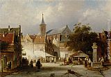 Dutch Canvas Paintings - A Busy Market in a Dutch Town